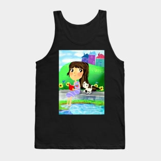 A girl with a kitty reading a book by the river Tank Top